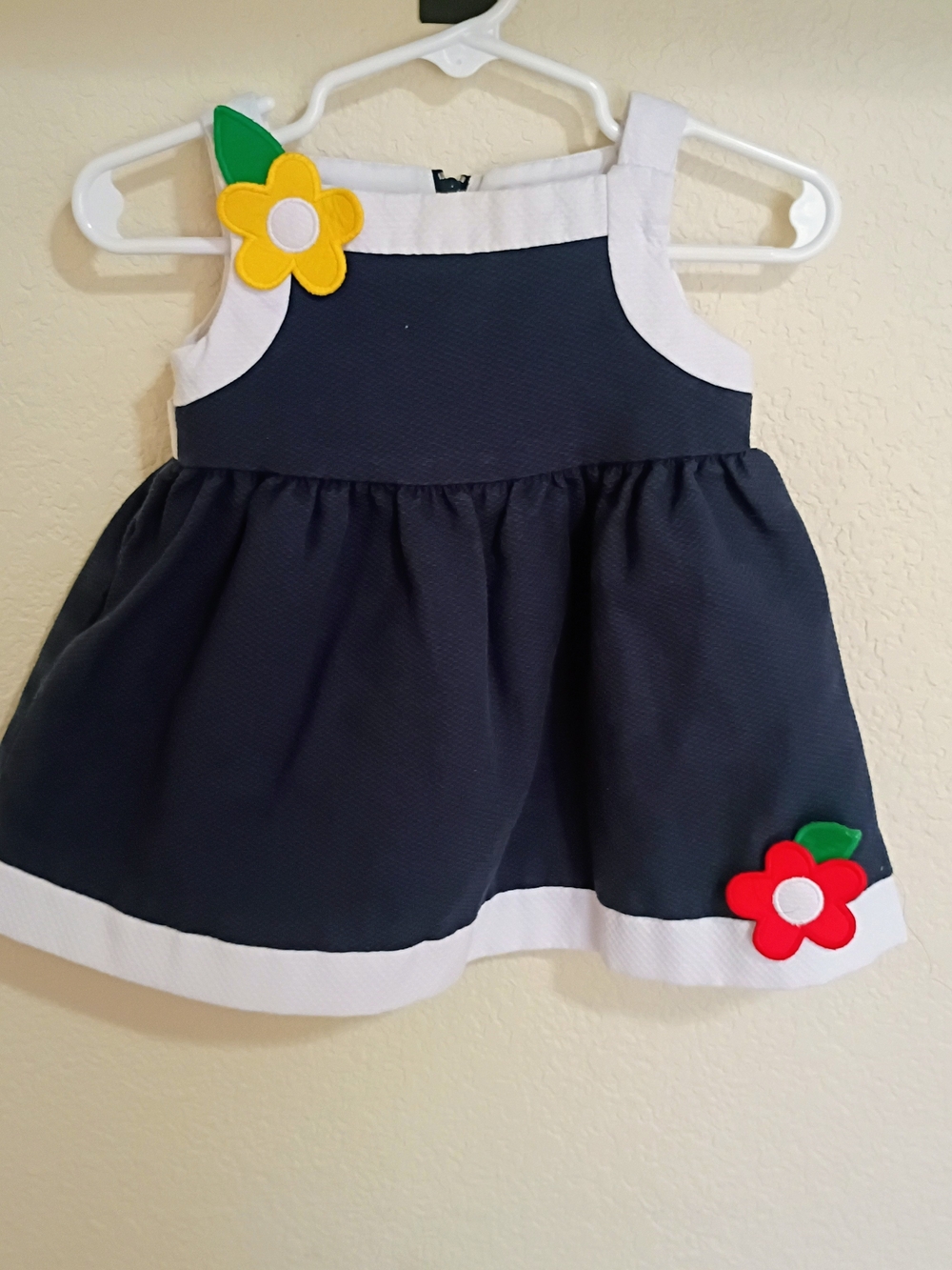 Florence Eiseman Navy & White Dress with Yellow and Red Flower Appliqués